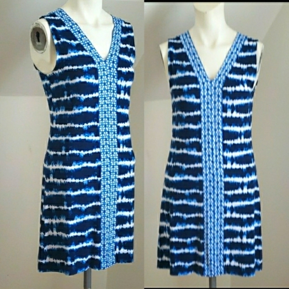 Tommy Bahama Oliana Stripe Tambour Shift Dress in blue & white tie dye, Size XS